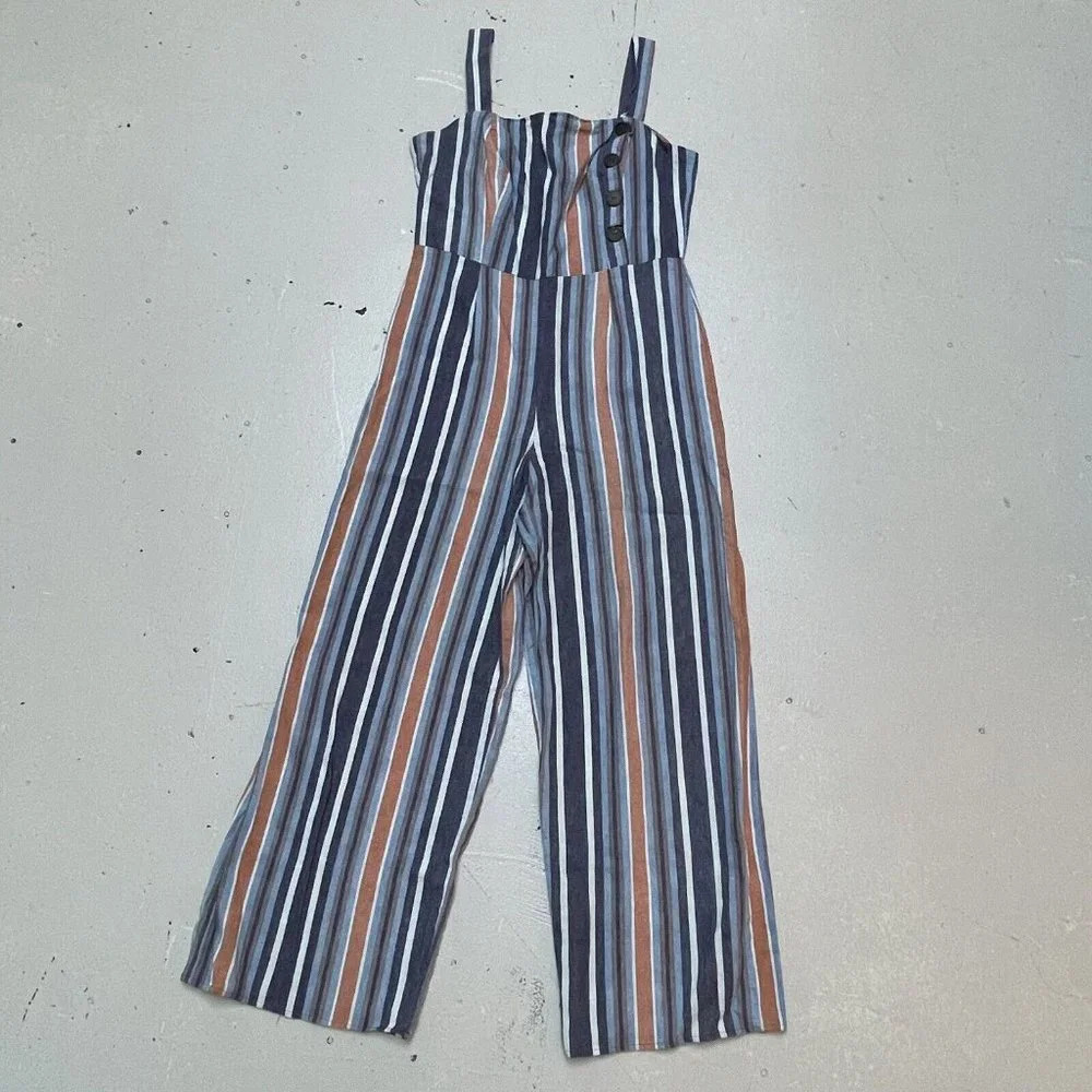Fishbowl Jumpsuit Womens 9‎ Striped Strappy Linen Crop Jumper Zip Junior Overall